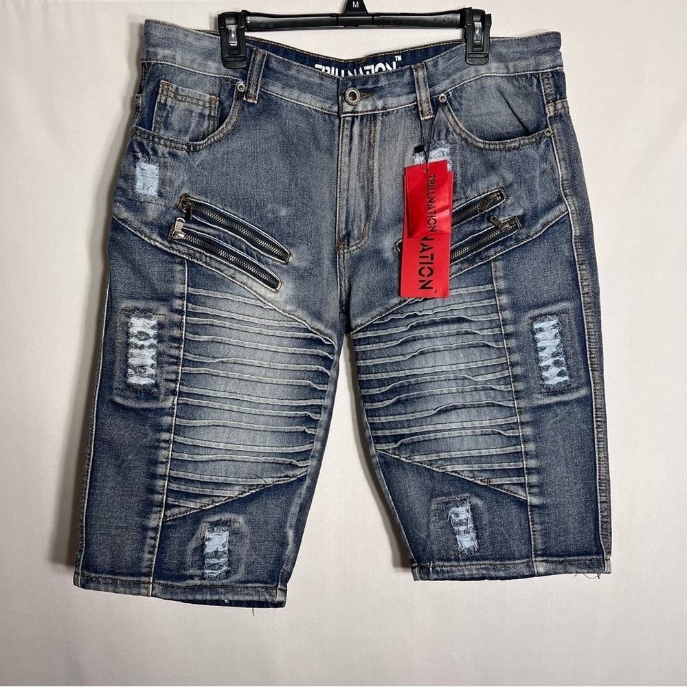 Trillnation Mens textured zip pocket jean shorts size 38 blue denim grunge cargo
